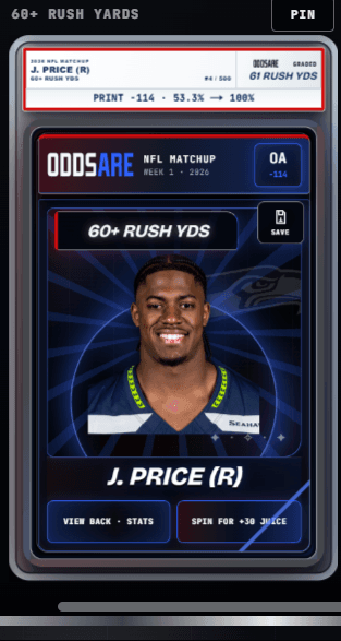 A graded J. Price NFL card with the white grade information header above the card.